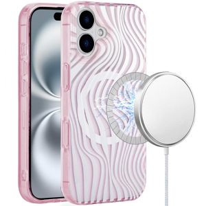 For iPhone 16 6.1 inch [Magnetic Circle] Double Layer Design IMD TPU Case - Wave Pink Zebra Stripes