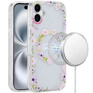 For iPhone 16 6.1 inch [Magnetic Circle] Double Layer Design IMD TPU Case - Yellow/Purple Floral