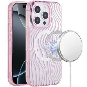 For iPhone 16 Pro 6.3 inch [Magnetic Circle] Double Layer Design IMD TPU Case - Wave Pink Zebra Stripes