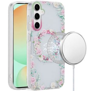 For Samsung S24 FE [Magnetic Circle] Double Layer Design IMD TPU Case - Green/Pink Floral