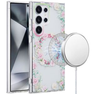 For Samsung Galaxy s24 Ultra [Magnetic Circle] Double Layer Design IMD TPU Case - Green/Pink Floral