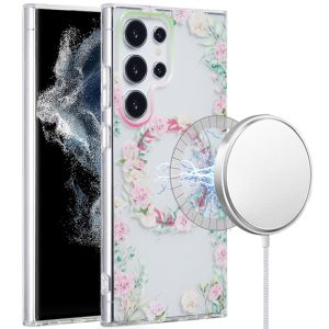 For Samsung Galaxy S22 Ultra [Magnetic Circle] Double Layer Design IMD TPU Case - Green/Pink Floral