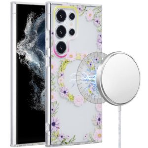 For Samsung Galaxy S22 Ultra [Magnetic Circle] Double Layer Design IMD TPU Case - Yellow/Purple Floral