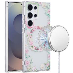For Samsung s25 Ultra [Magnetic Circle] Double Layer Design IMD TPU Case - Green/Pink Floral