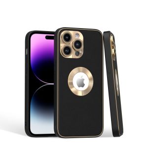 For iPhone 15 Disc Chrome Circle With Chromed Tempered Glass Screen Protector PU UV Leather Case - Black