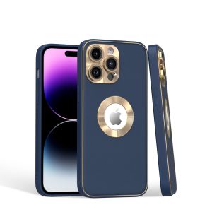 For iPhone 15 Disc Chrome Circle With Chromed Tempered Glass Screen Protector PU UV Leather Case - Dark Blue