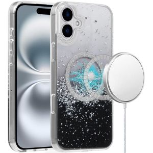 For iPhone 16 6.1 inch Magnetic Glitter Epoxy Transparent Hybrid - Silver Black