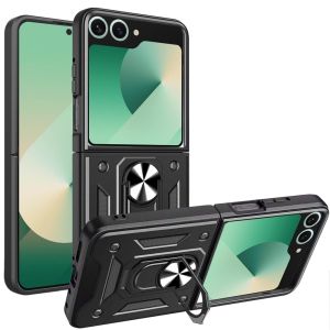 For Samsung Z Flip 7 ELITE Camera Push Magnetic Ring Stand Hybrid Case Cover - Black