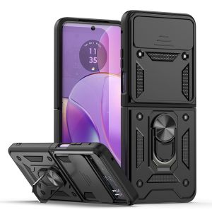 For Motorola Razr 2023 ELITE Camera Push Magnetic Ring Stand Hybrid Case Cover - Black
