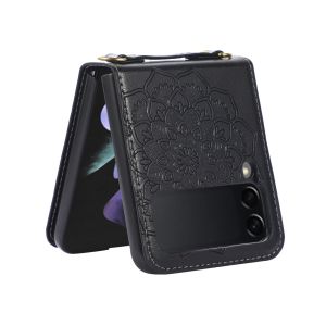 For Samsung Z Flip 6 Embossed Floral Design Case Cover with Strap - Black