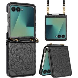 For Samsung Z Flip 7 Embossed Floral Design Case Cover with Strap - Black