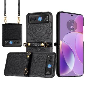 For Motorola Razr 2025 2024 Embossed Floral Design Case Cover with Strap - Black