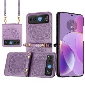 For Motorola Razr 2024 Embossed Floral Design Case Cover with Strap - Purple