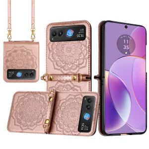For Motorola Razr 2025 2024 Embossed Floral Design Case Cover with Strap - Rose Gold