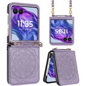 For Motorola Razr+ Plus 2024 Embossed Floral Design Case Cover with Strap - Purple
