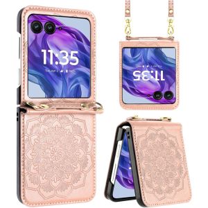 For Motorola Razr+ Plus 2024 Embossed Floral Design Case Cover with Strap - Rose Gold