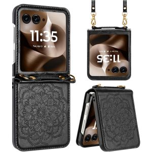 For Motorola Razr Ultra 2025 Embossed Floral Design Case Cover with Strap - Black