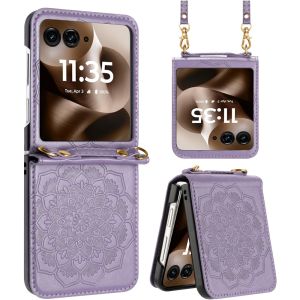 For Motorola Razr Ultra 2025 Embossed Floral Design Case Cover with Strap - Purple