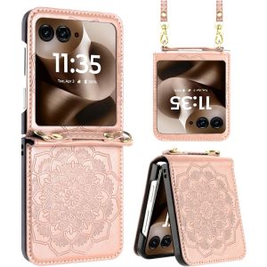 For Motorola Razr Ultra 2025 Embossed Floral Design Case Cover with Strap - Rose Gold