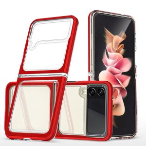 For Samsung Galaxy Z Flip 4 Colored Frame Bumper Silk Print PC TPU Hybrid Case Cover - Clear/Red