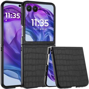 For Motorola Razr+ Plus 2024 PU Vegan Leather Premium Hard Snap On Case Cover - Black