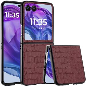 For Motorola Razr+ Plus 2024 PU Vegan Leather Premium Hard Snap On Case Cover - Brown