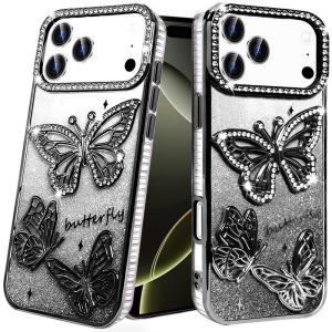 For iPhone 17 Pro Max Butterfly Freedom Shimmer Glitter Thick TPU Case Cover - Black