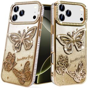 For iPhone 17 Pro Max Butterfly Freedom Shimmer Glitter Thick TPU Case Cover - Gold