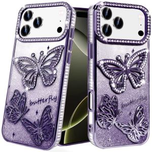 For iPhone 17 Pro Max Butterfly Freedom Shimmer Glitter Thick TPU Case Cover - Purple