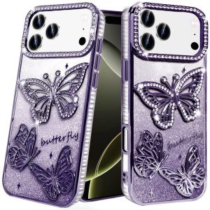 For iPhone 17 Pro Butterfly Freedom Shimmer Glitter Thick TPU Case Cover - Purple
