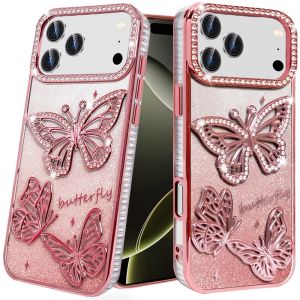 For iPhone 17 Pro Butterfly Freedom Shimmer Glitter Thick TPU Case Cover - Rose Gold