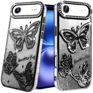 For iPhone 17 Air Butterfly Freedom Shimmer Glitter Thick TPU Case Cover - Black