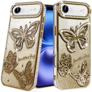 For iPhone 17 Air Butterfly Freedom Shimmer Glitter Thick TPU Case Cover - Gold
