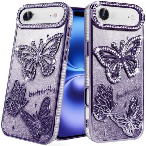 For iPhone 17 Air Butterfly Freedom Shimmer Glitter Thick TPU Case Cover - Purple