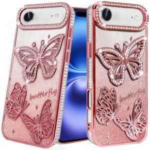 For iPhone 17 Air Butterfly Freedom Shimmer Glitter Thick TPU Case Cover - Rose Gold
