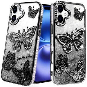 For iPhone 17 Butterfly Freedom Shimmer Glitter Thick TPU Case Cover - Black