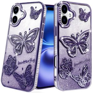 For iPhone 17 Butterfly Freedom Shimmer Glitter Thick TPU Case Cover - Purple