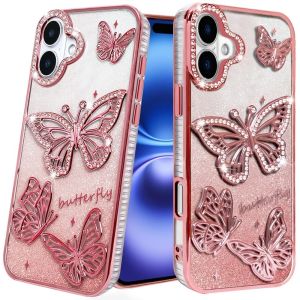 For iPhone 17 Butterfly Freedom Shimmer Glitter Thick TPU Case Cover - Rose Gold