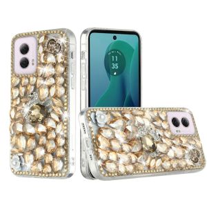 For Motorola Moto G 5G 2024 Full Diamond with Ornaments Hard TPU Case Cover - Gold Swan Crown Pearl