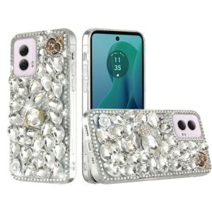 For Motorola Moto G 5G 2024 Full Diamond with Ornaments Hard TPU Case Cover - Silver Swan Crown Pearl