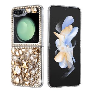 For Samsung Z Flip 6 Full Diamond with Ornaments Hard TPU Case Cover - Gold Panda Floral