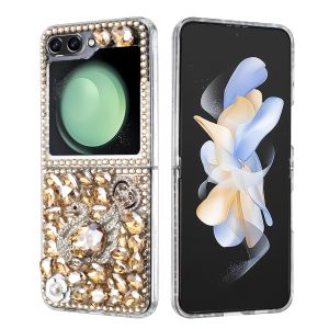 For Samsung Z Flip 6 Full Diamond with Ornaments Hard TPU Case Cover - Gold Swan Crown Pearl