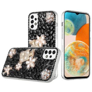 For Samsung A23 5G Full Diamond with Ornaments Case Cover - Pearl Flowers with Perfume Black