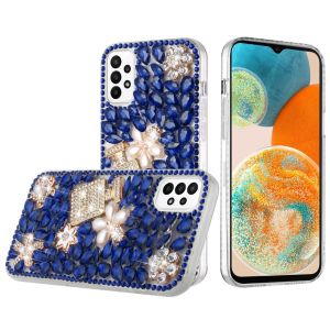 For Samsung A23 5G Full Diamond with Ornaments Case Cover - Pearl Flowers with Perfume Dark Blue