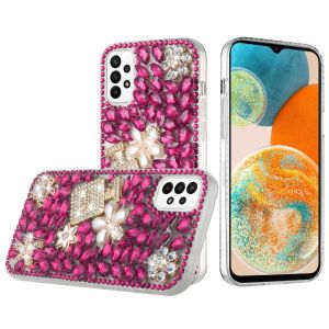 For Samsung A23 5G Full Diamond with Ornaments Case Cover - Pearl Flowers with Perfume Hot Pink
