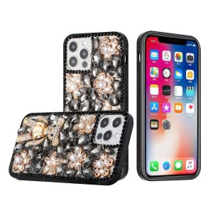 For Apple iPhone 14 PRO 6.1" Full Diamond with Ornaments Case Cover - Black Panda Floral