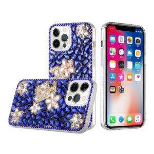 For Apple iPhone 14 PRO 6.1" Full Diamond with Ornaments Case Cover - Pearl Flowers with Perfume Dark Blue