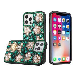 For Apple iPhone 14 PRO 6.1" Full Diamond with Ornaments Case Cover - Green Panda Floral