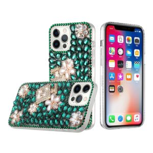 For Apple iPhone 14 PRO 6.1" Full Diamond with Ornaments Case Cover - Pearl Flowers with Perfume Green