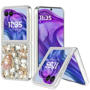 For Motorola Razr+ Plus 2024 Full Diamond with Ornaments Hard TPU - Silver Panda Floral